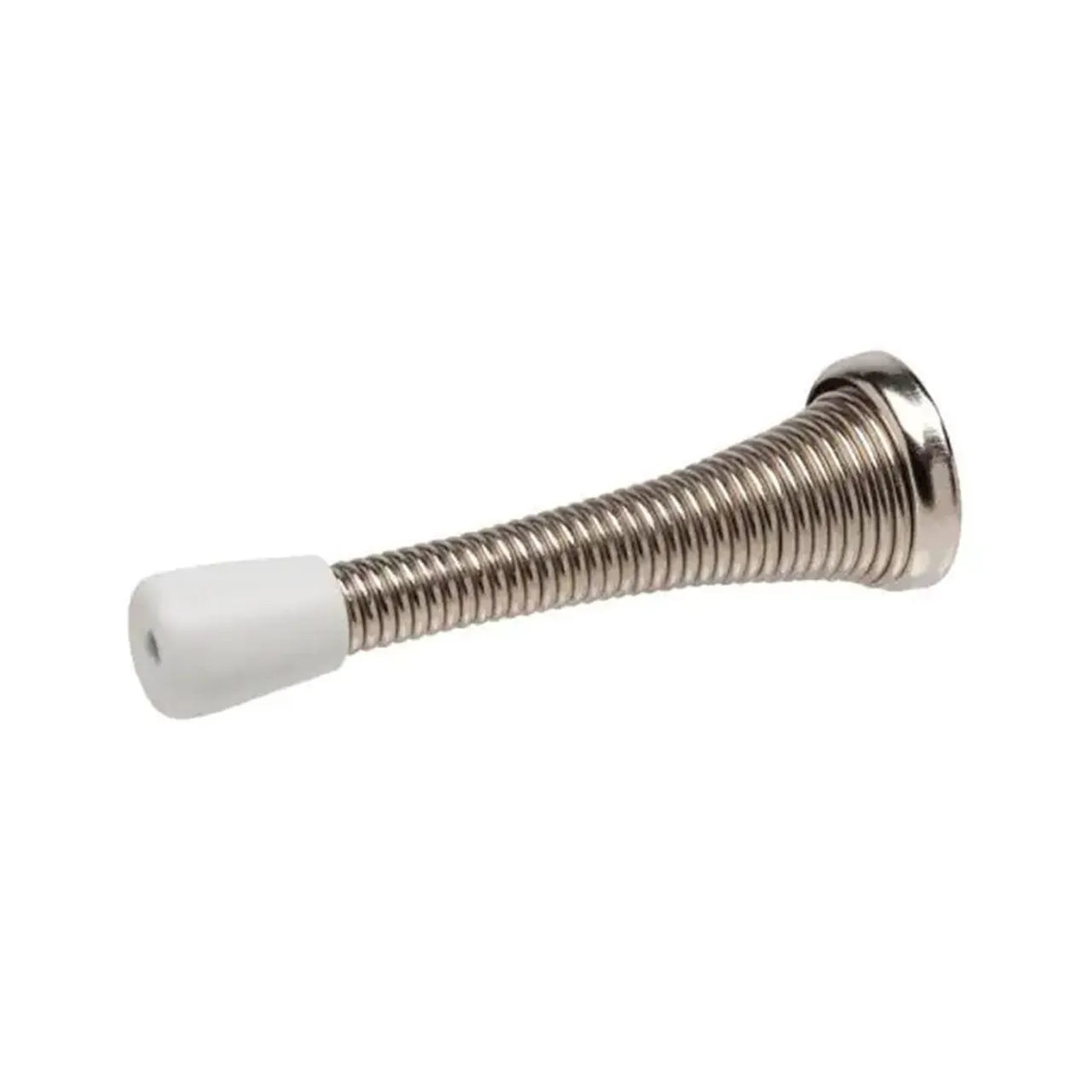 The Go Build 3 in. Spring Door Stop - Satin Nickel features a white rubber tip and round base, and can be wall or baseboard mounted to protect walls from door damage.